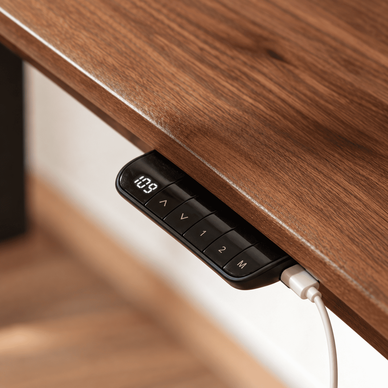 Close up of Prunus walnut electric height adjustable desk edge and black metal lifting frame