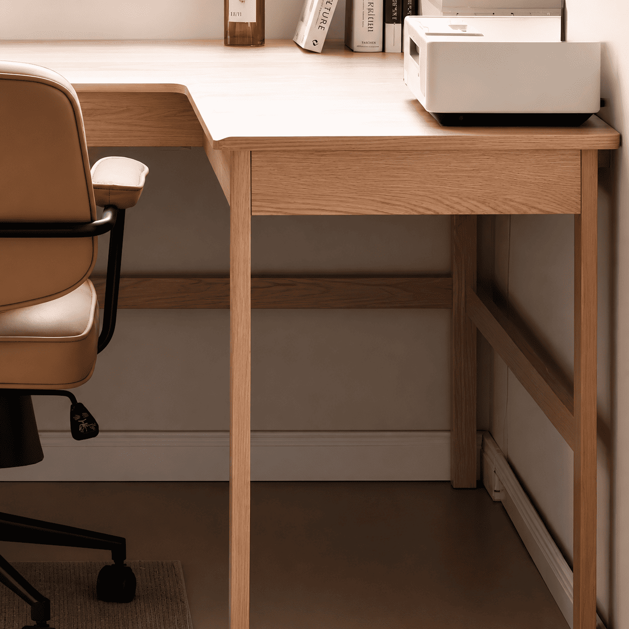 Contemporary corner workstation with a light oak finish, offering plenty of space for work and study