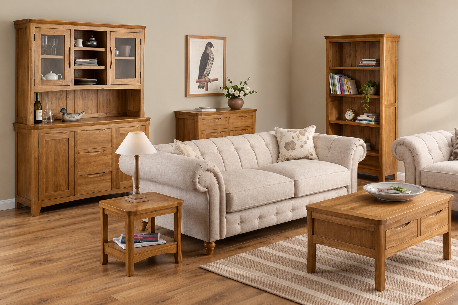 A staged living room showing a coordinated furniture set in warm medium brown wood and light beige upholstery, including a sofa, armchair, coffee table, side table, bookcase, and hutch.