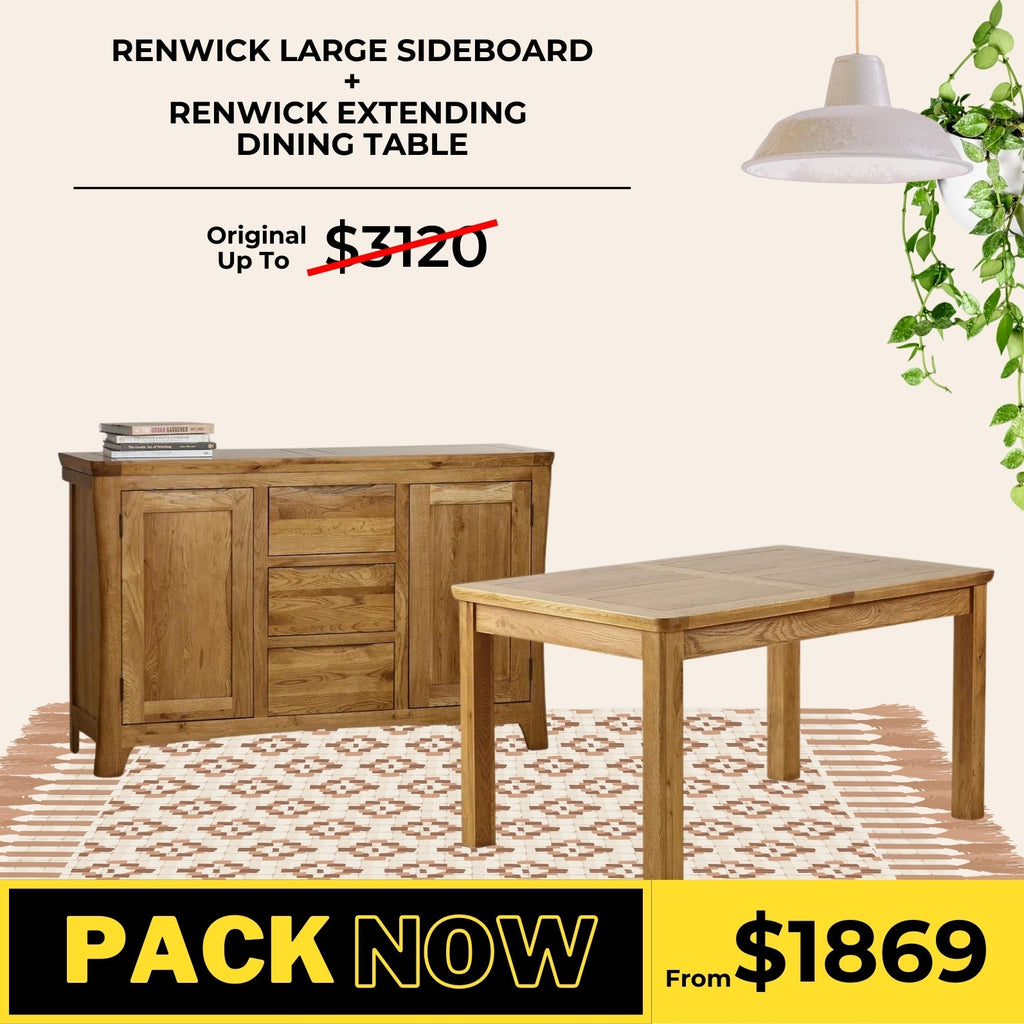 Renwick Rustic Solid Oak Dining Table and Large Sideboard Package - Oak Furniture Store