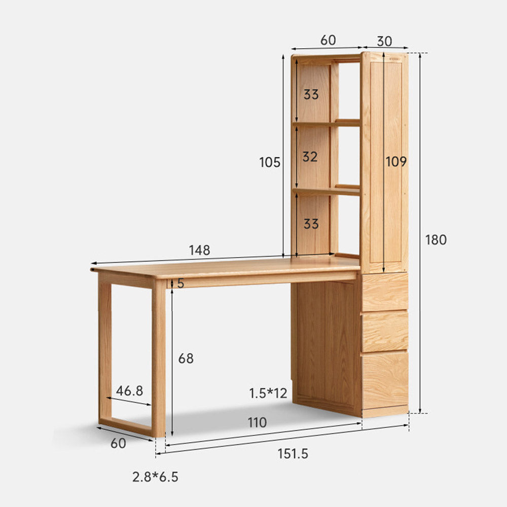 Rocca natural solid oak desk with side shelves and drawers designed for corner spaces