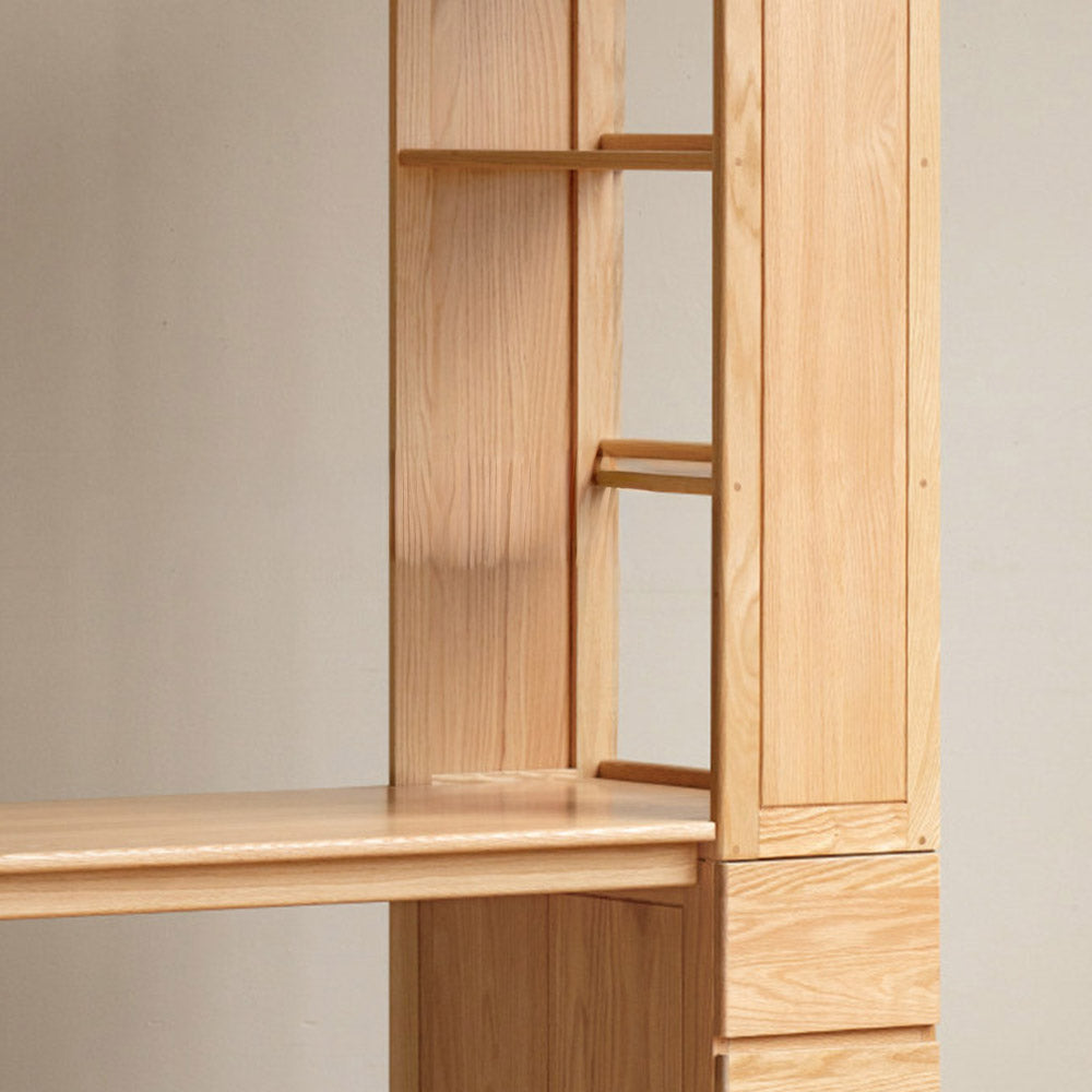 Rocca natural solid oak desk with side shelves and drawers designed for corner spaces