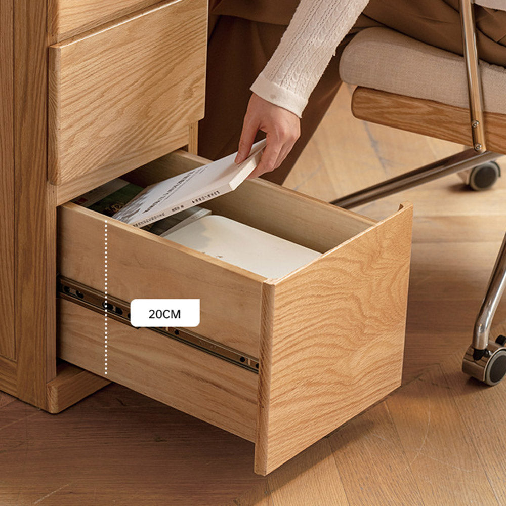 Rocca natural solid oak desk with side shelves and drawers designed for corner spaces