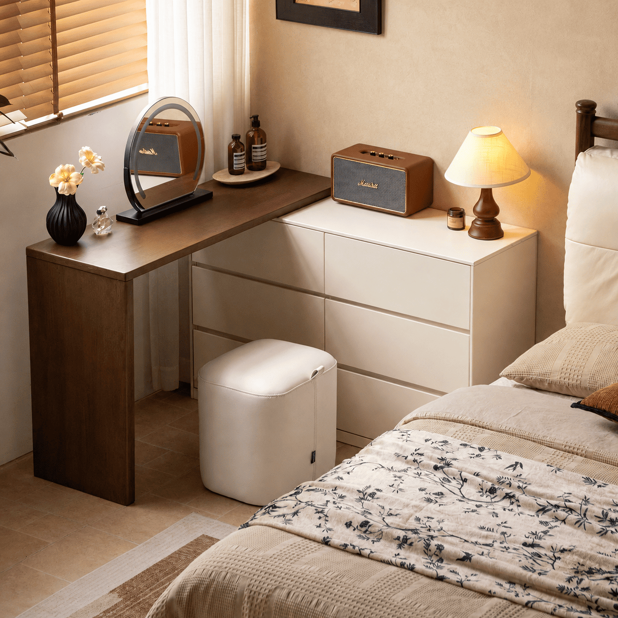 Rochester Solid Rubber Wood Extending Turning Dressing Table with Chest of Drawers