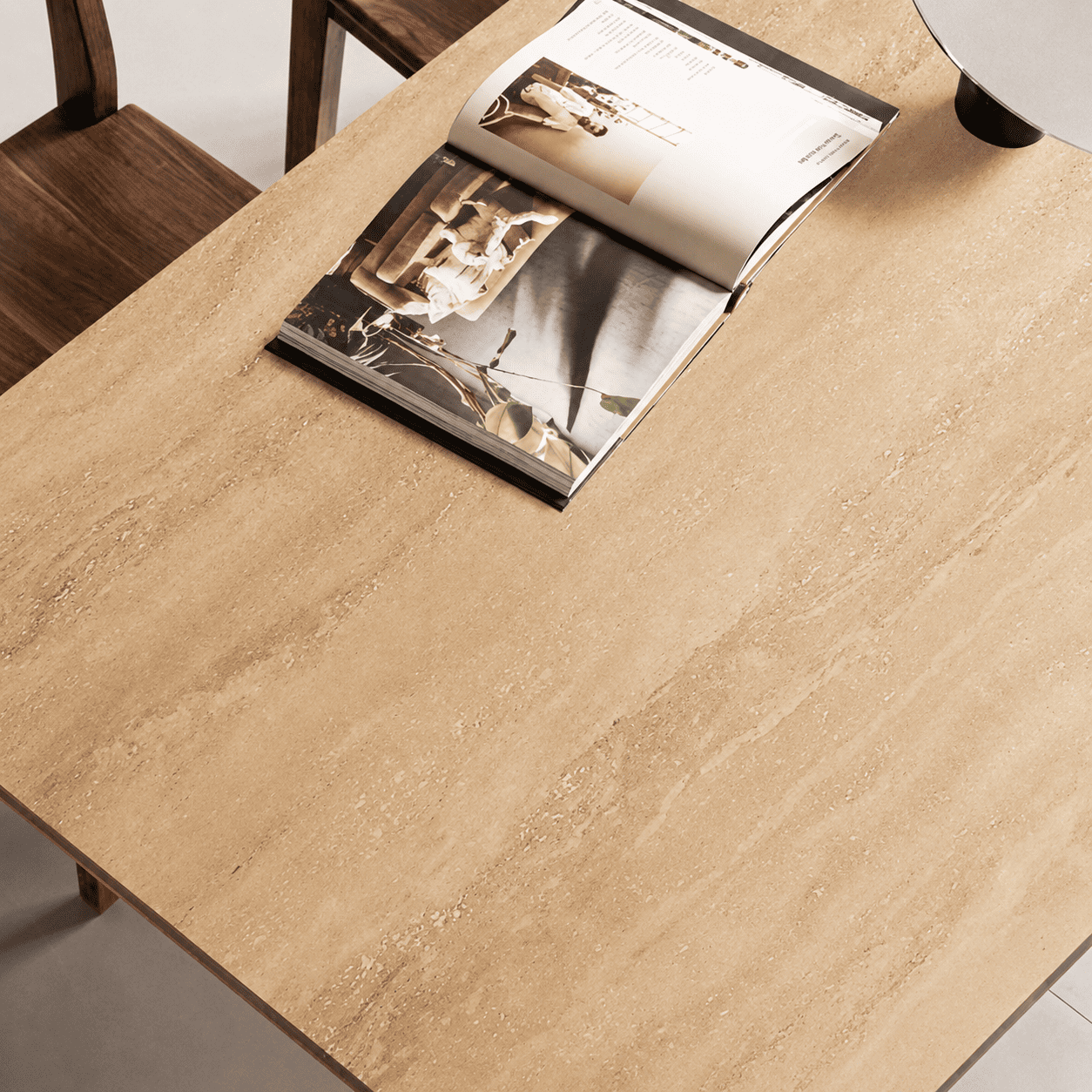 Natural solid walnut dining table with dark ceramic top and matching wooden bench