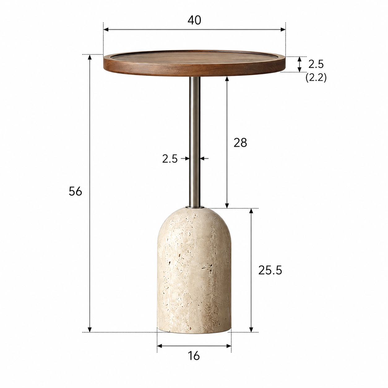Round walnut side table dimensions showing a 40 cm diameter tabletop, 56 cm overall height and 16 cm travertine base diameter.