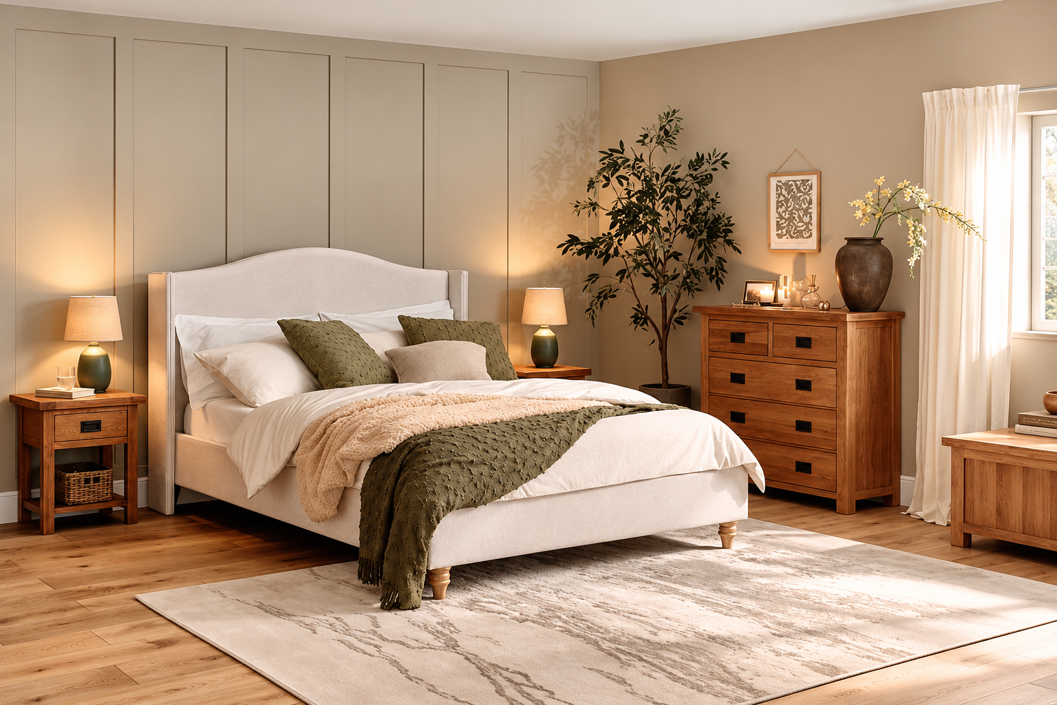 A styled bedroom scene featuring a white upholstered bed with white bedding, olive green pillows, and a textured olive green throw blanket, set in a warm neutral-toned room with wooden furniture and a marble rug.
