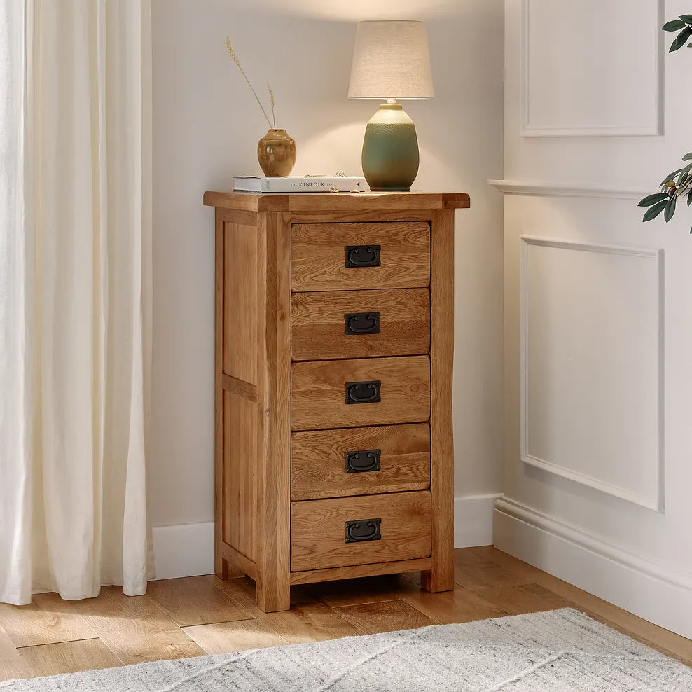 Rustic Country Solid Oak 5 Drawers Tallboy