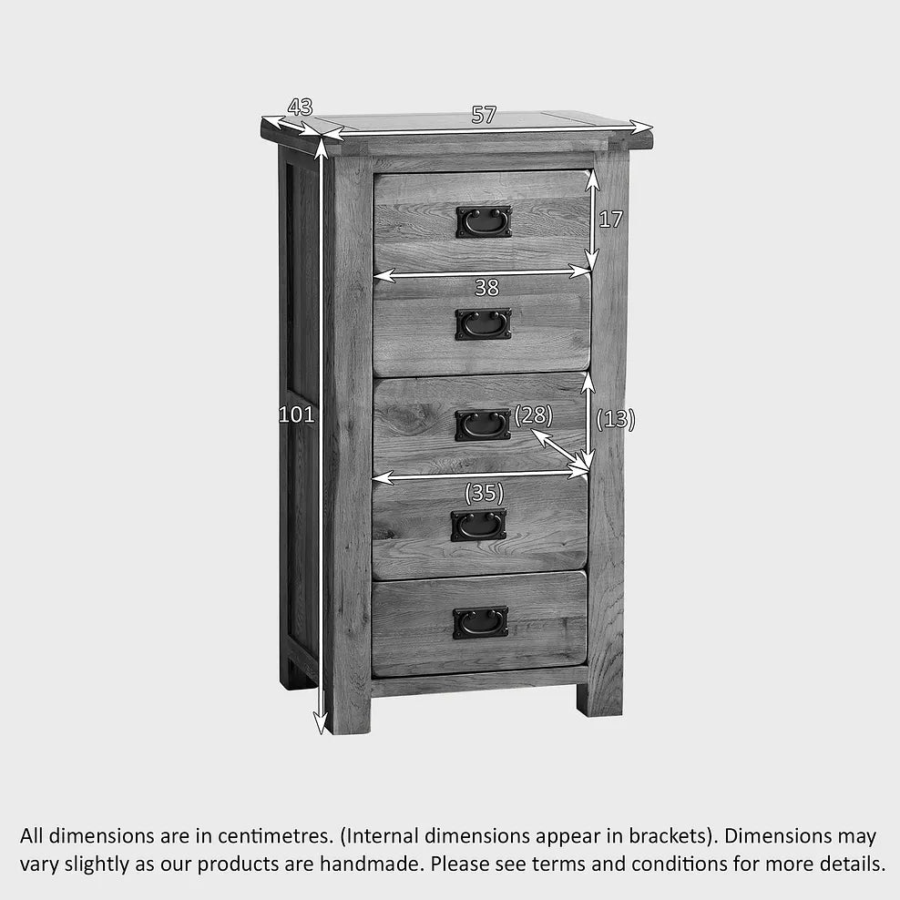 Rustic Country Solid Oak 5 Drawers Tallboy