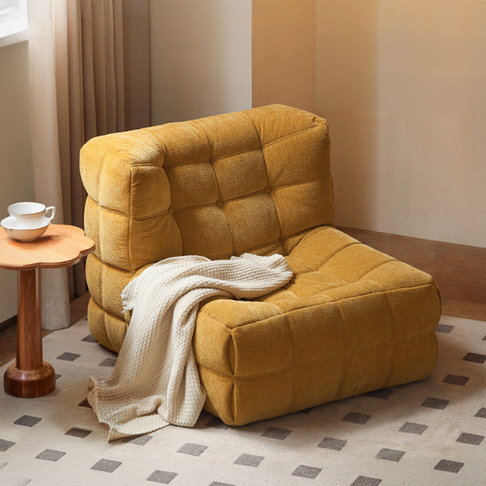 Savoca fabric leisure chair sofa in yellow chenille with waffle quilting, armless plush armchair with deep cushioned seating