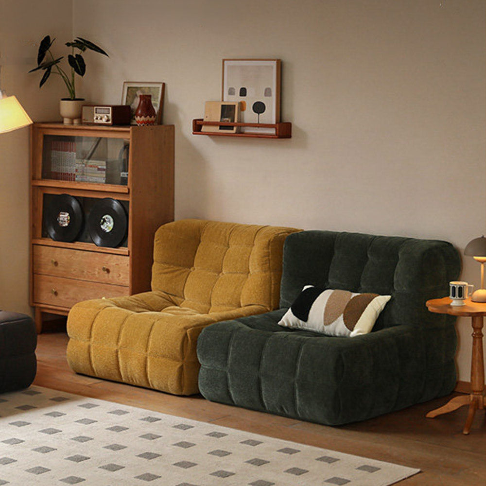 Savoca modular sofa setup combining green and yellow fabric leisure chair sofas with waffle quilted chenille upholstery.