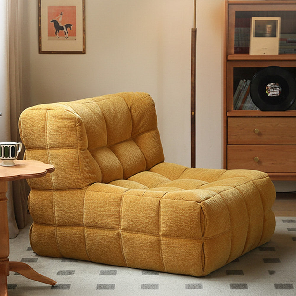 Savoca fabric leisure chair sofa in yellow chenille with waffle quilting, armless plush armchair with deep cushioned seating