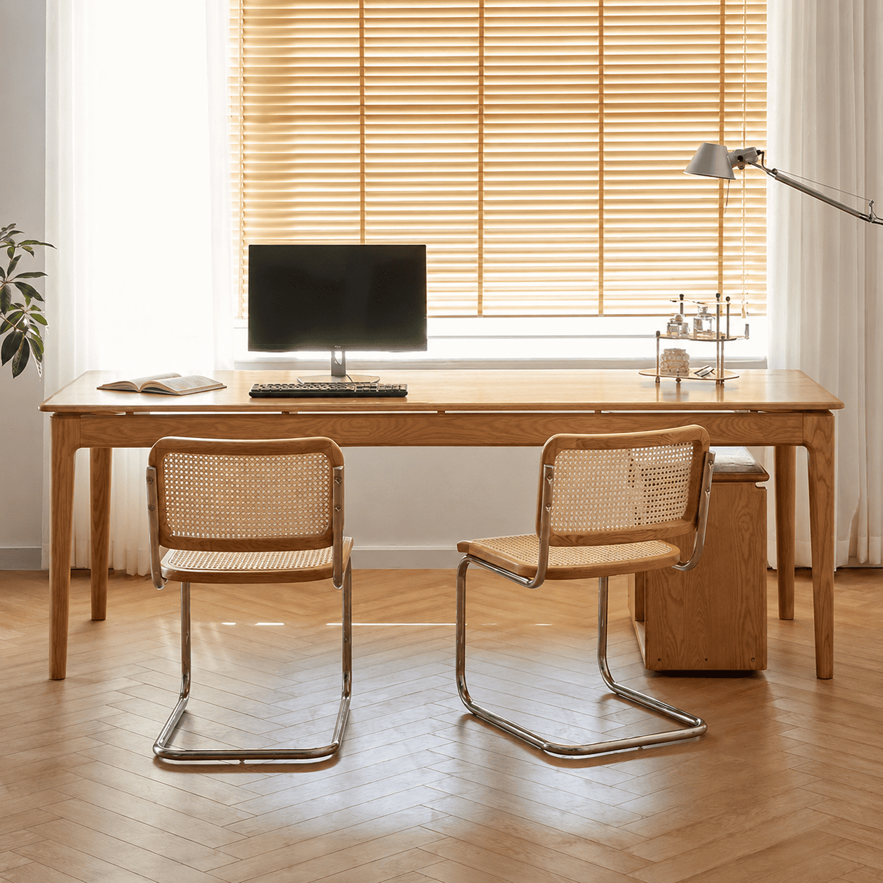 Seattle Natural Solid Oak Large Dining Table styled as a spacious home office desk with cane chairs and natural oak finish