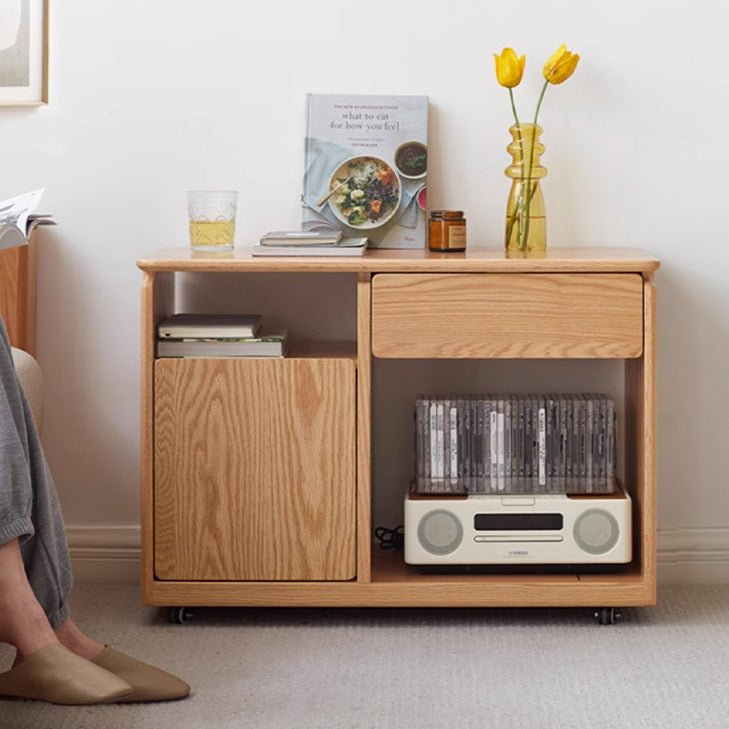 Seattle Natural Solid Oak Side Table with Caster Wheel - Oak Furniture Store