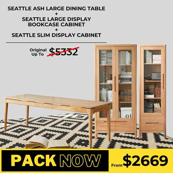 Seattle Solid Ash Dining Table and Oak Large and Slim Display Cabinet Package