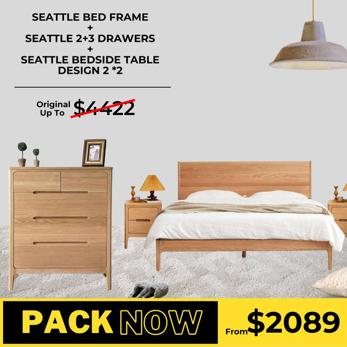 Seattle Solid Oak Bed Frame, Bedside Table Design 2, and 2+3 Drawer Chest Package