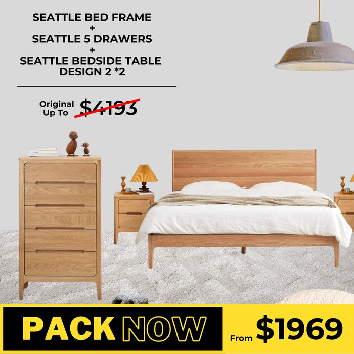 Seattle Solid Oak Bed Frame, Bedside Table Design 2, and Tall Boy Package