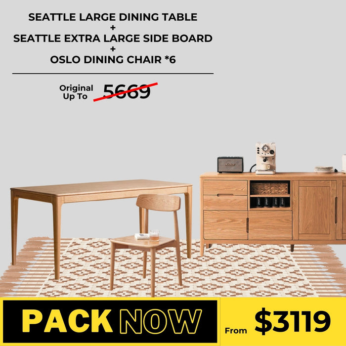 Seattle Solid Oak Dining Table, Sideboard, and Oslo Chairs Package