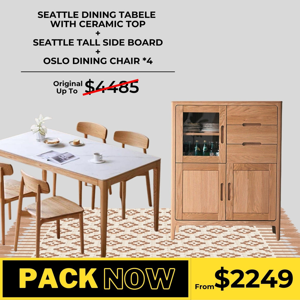 Seattle Solid Oak Dining Table, Tall Sideboard and Oslo Chair Package - Oak Furniture Store