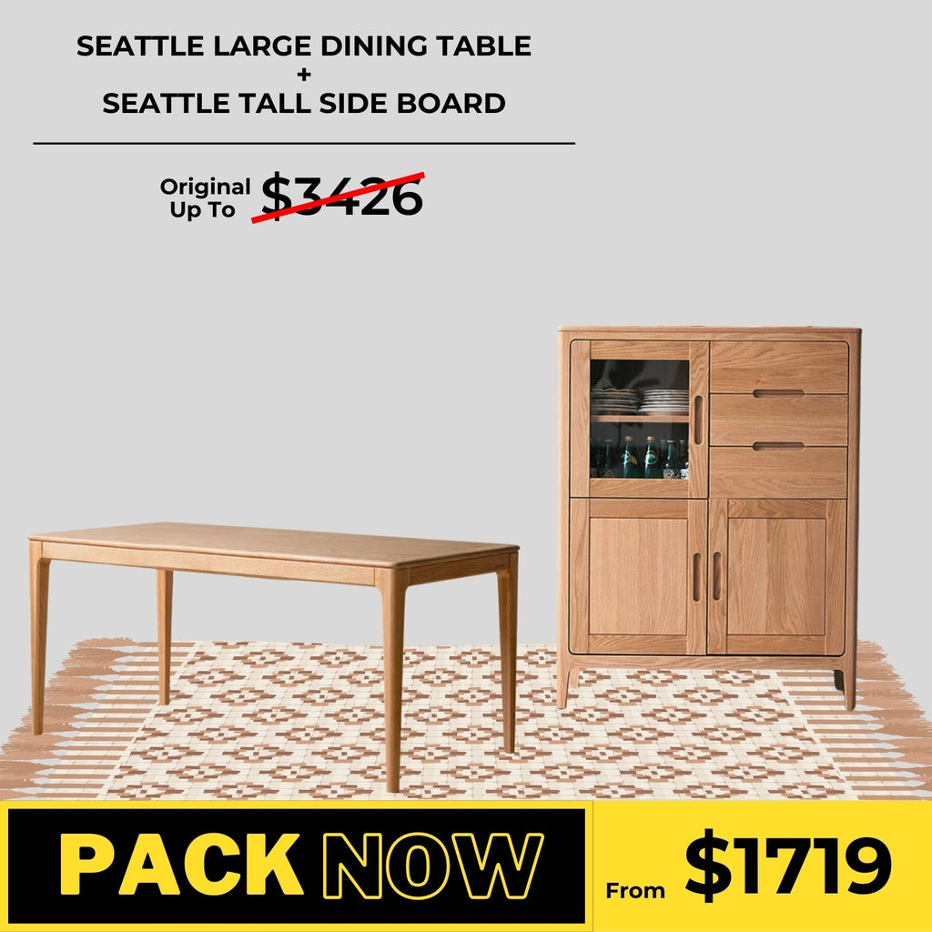 Seattle Solid Oak Large Dining Table and Tall Sideboard Package - Oak Furniture Store