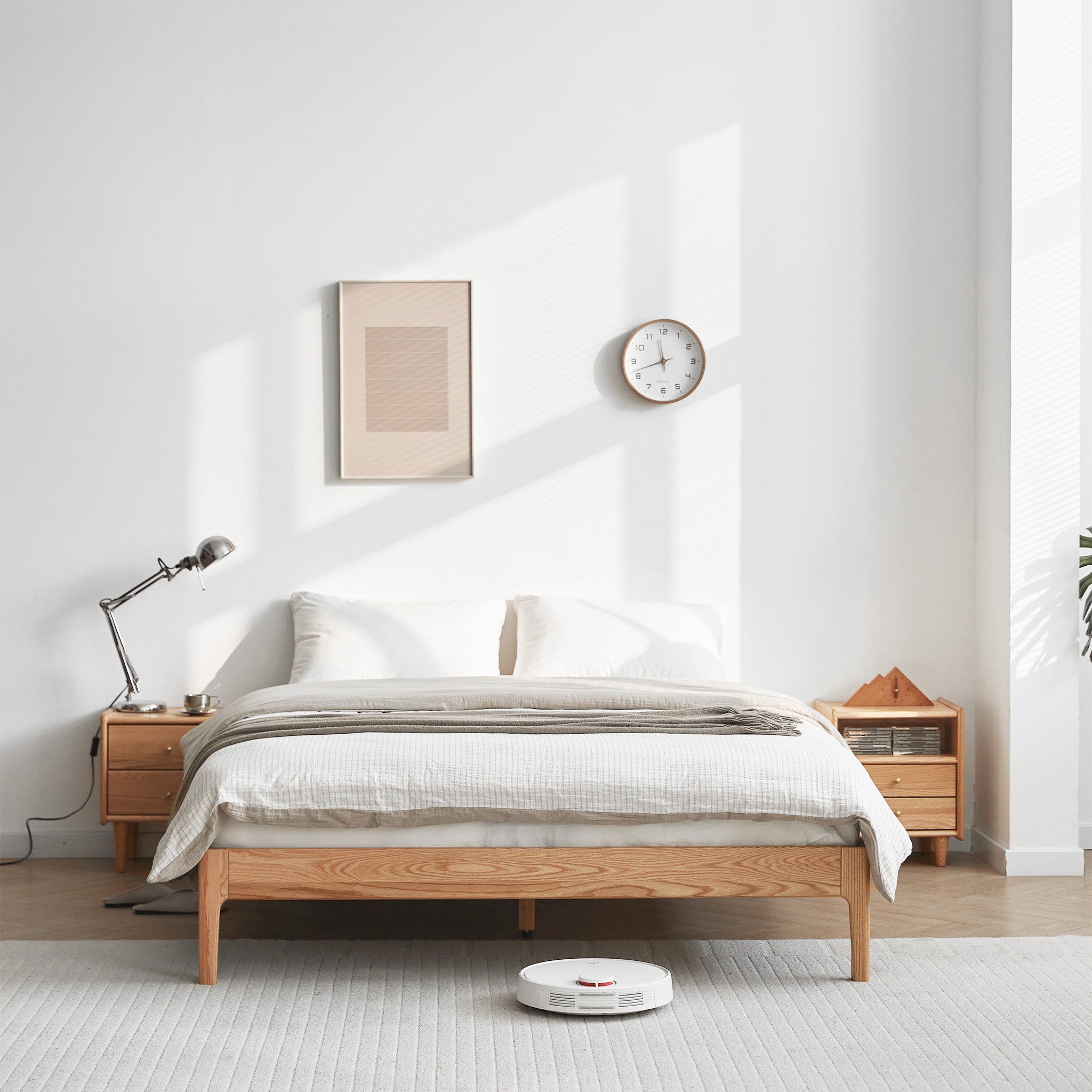 Seattle solid oak platform bed frame in natural oak, minimalist headboardless bed base for modern NZ bedrooms