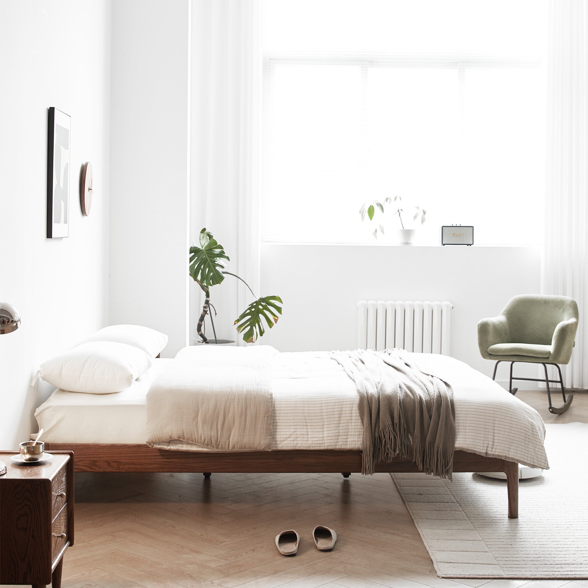 Seattle solid oak platform bed frame styled in a bright modern Kiwi bedroom