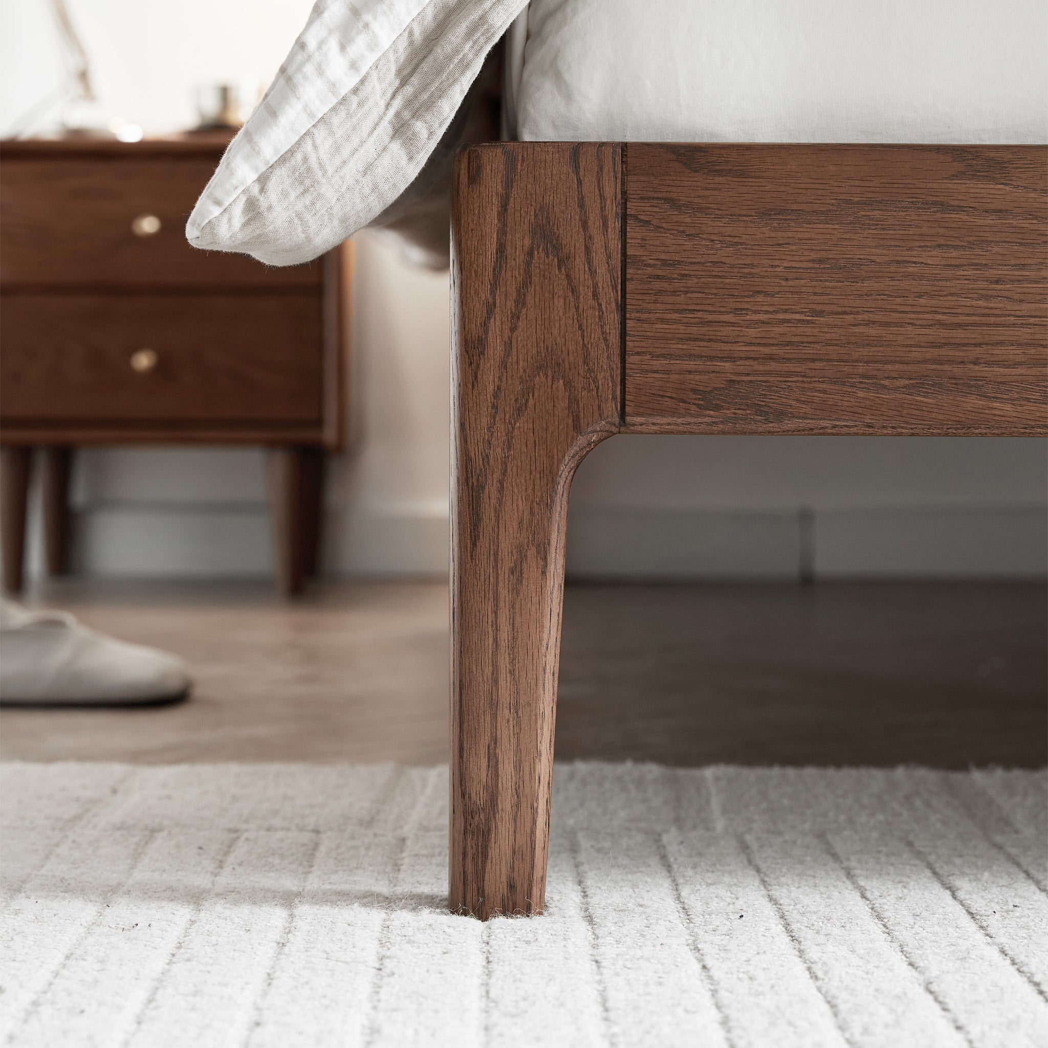 Detail of solid oak construction on Seattle platform bed frame