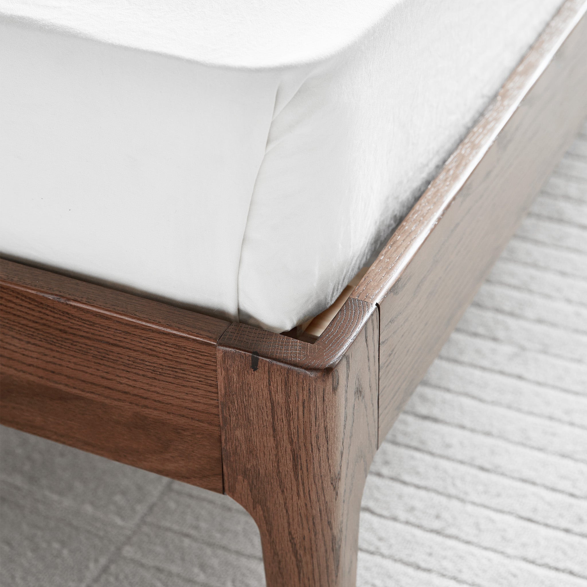 Detail of solid oak construction on Seattle platform bed frame