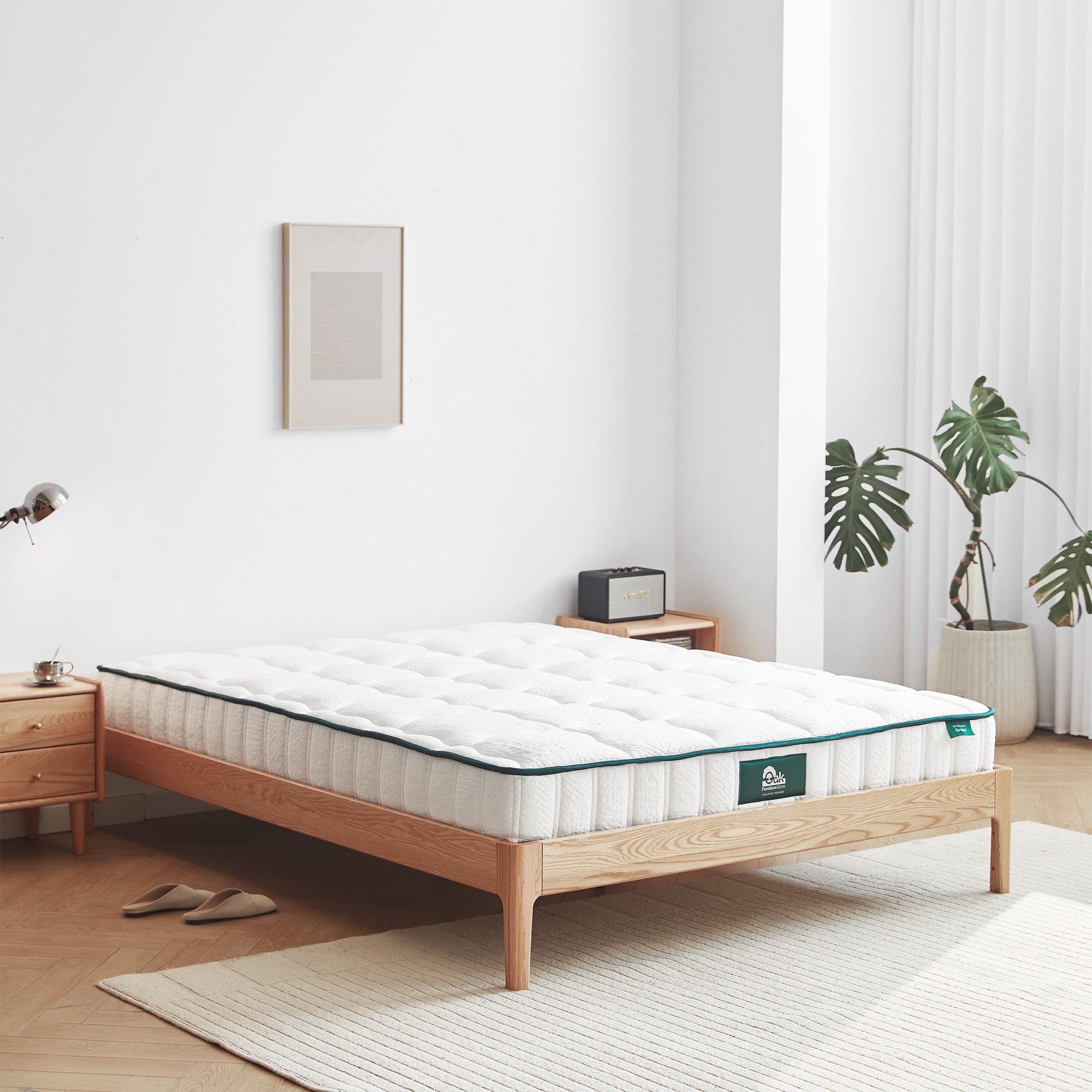 Seattle solid oak platform bed frame styled in a bright modern Kiwi bedroom