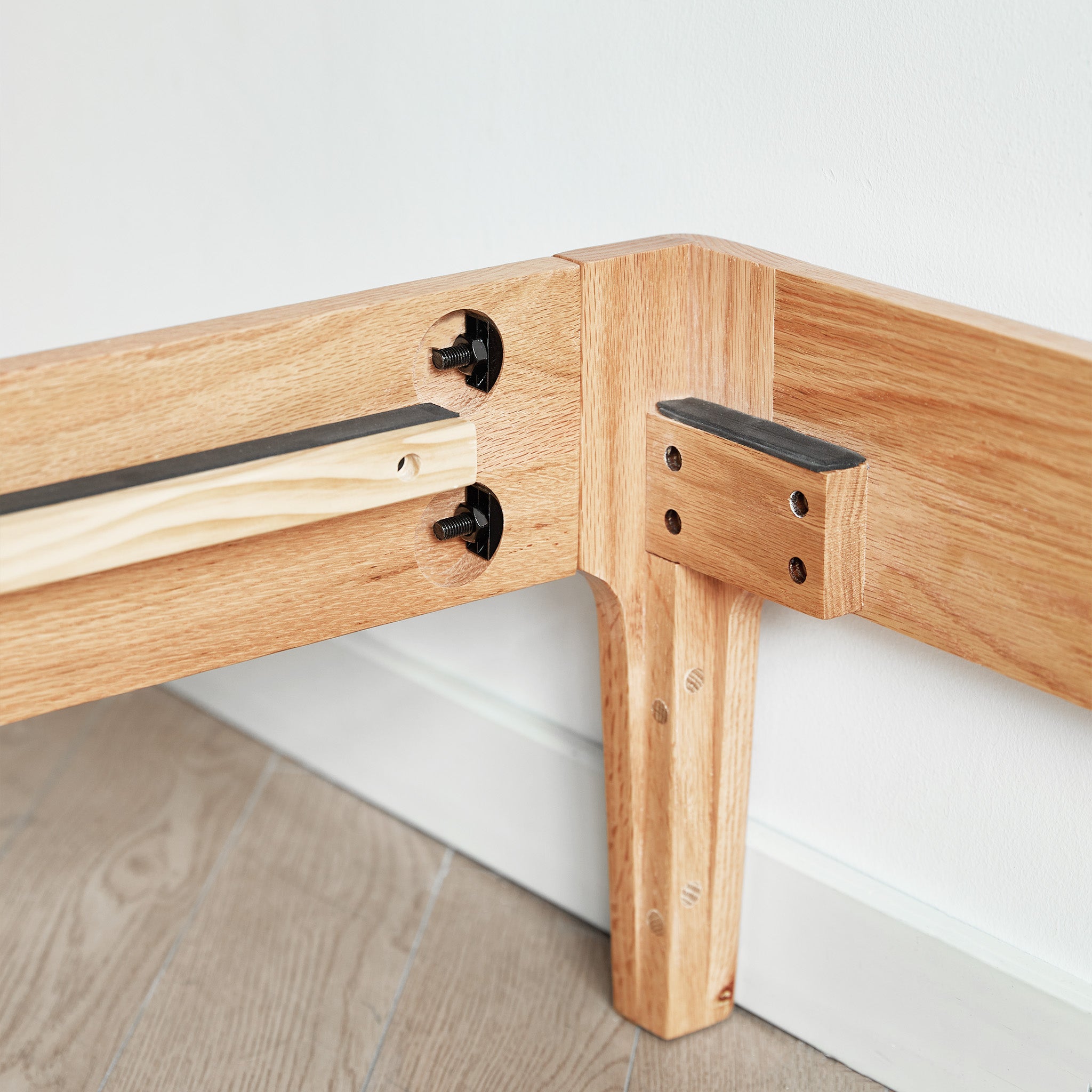 Detail of solid oak construction on Seattle platform bed frame