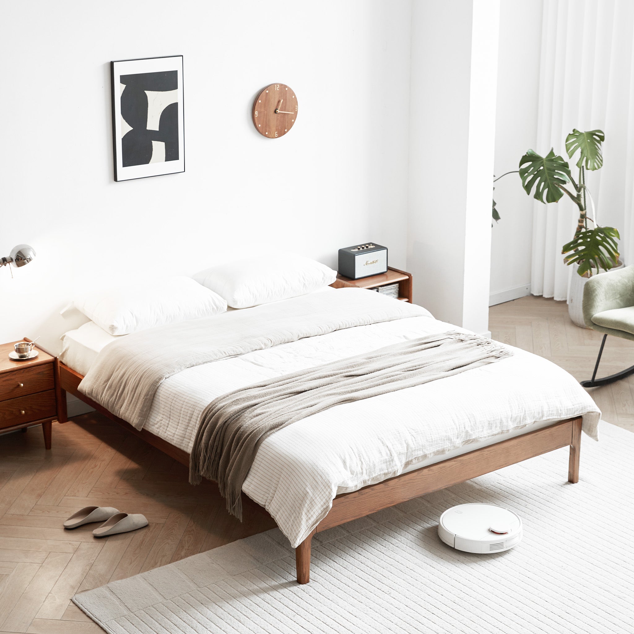 Minimalist wooden bed base in walnut finish, Seattle platform bed frame for Kiwi home