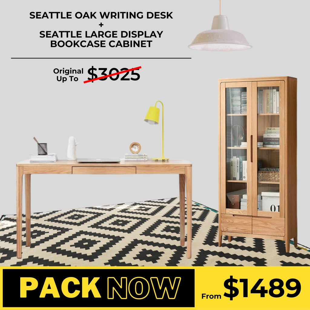 Seattle Solid Oak Writing Desk and Large Display Cabinet Package - Oak Furniture Store