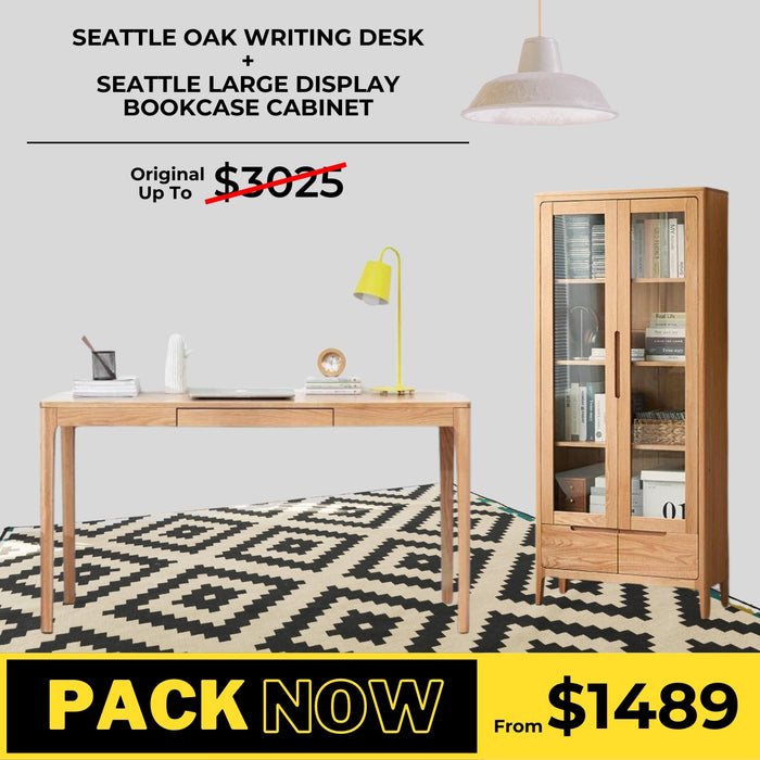 Seattle Solid Oak Writing Desk and Large Display Cabinet Package