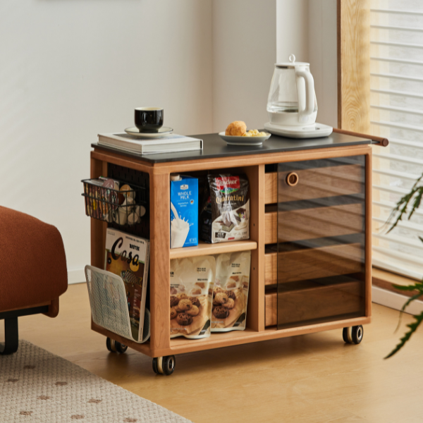 Siliqua Solid Cherry Movable Side Table with Ceramic Top
