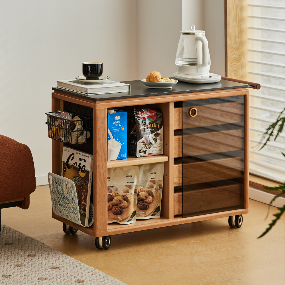 Siliqua Solid Cherry Movable Side Table with Ceramic Top