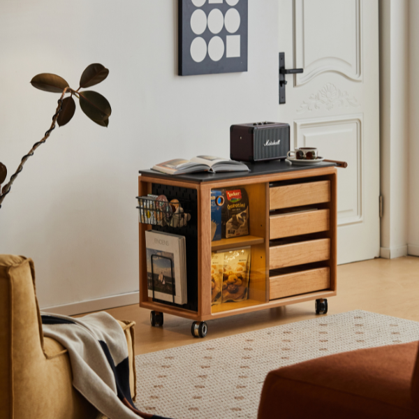 Siliqua Solid Cherry Movable Side Table with Ceramic Top