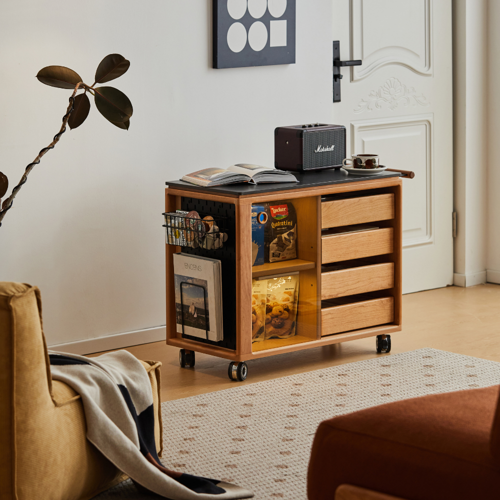 Siliqua Solid Cherry Movable Side Table with Ceramic Top