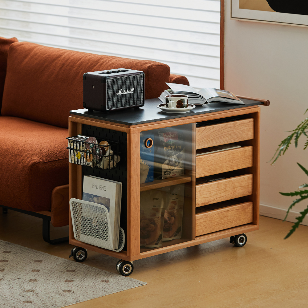 Siliqua Solid Cherry Movable Side Table with Ceramic Top