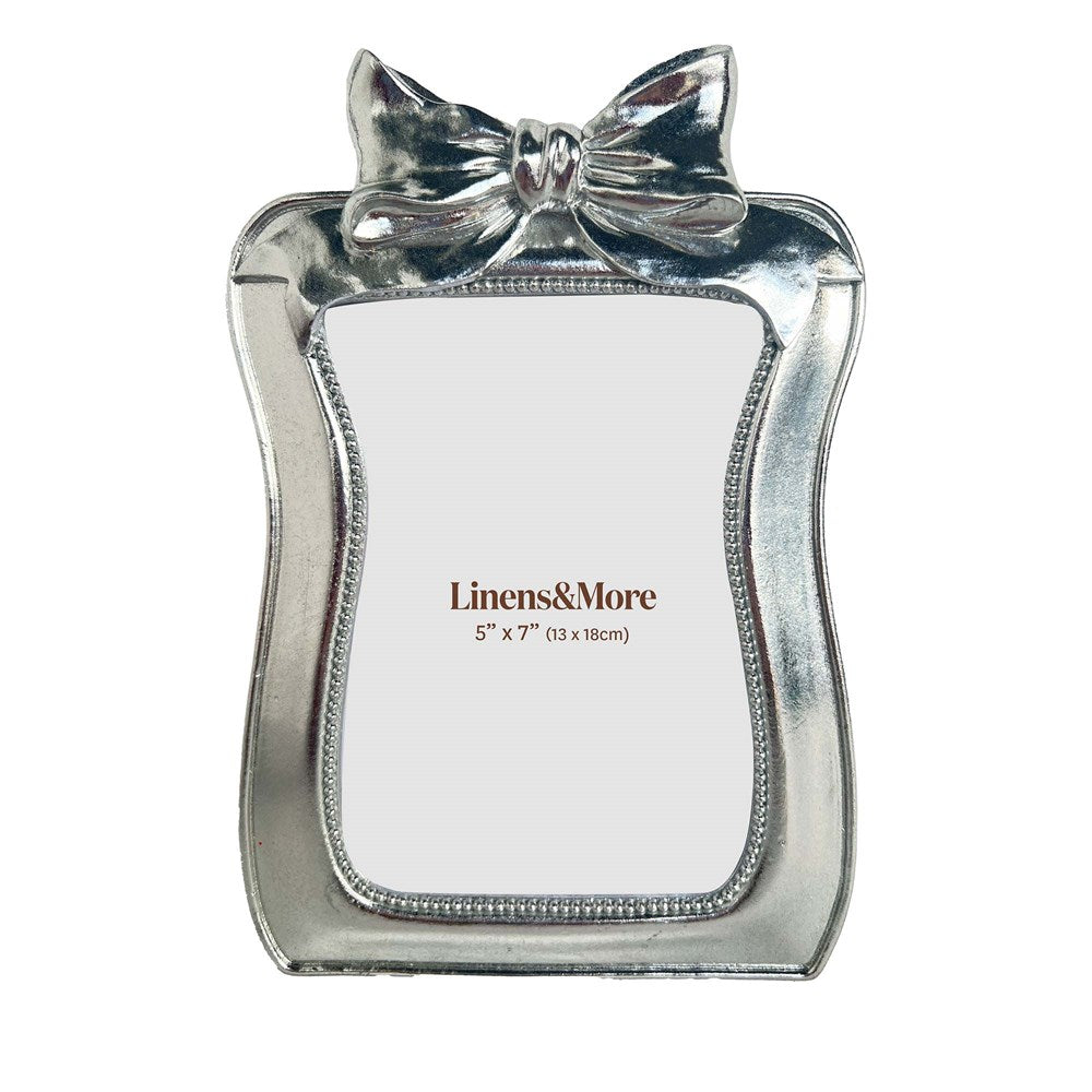 Silver bow knot photo frame with beaded inner border for 5 x 7 inch photos