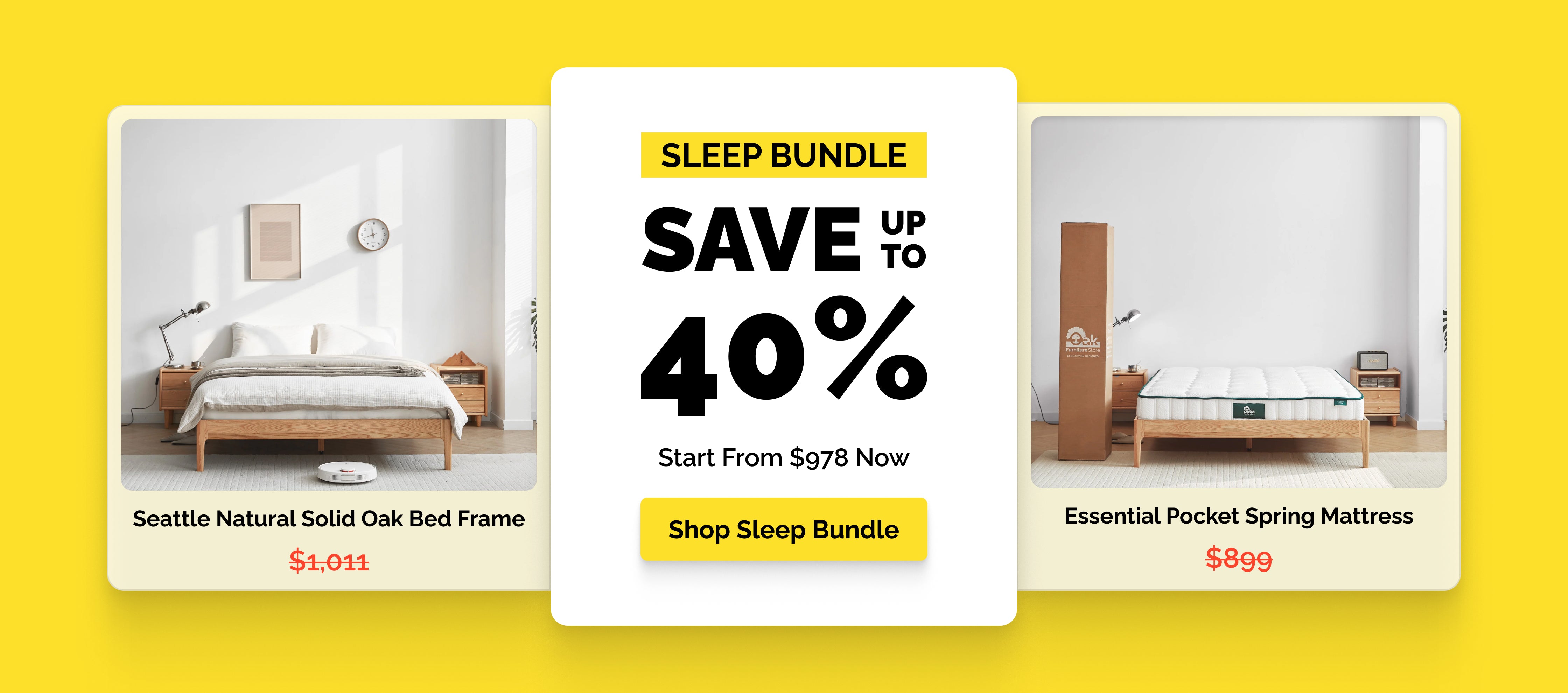 Sleep bundle offer featuring a Seattle solid oak platform bed frame and essential pocket spring mattress with savings up to 40 percent and prices starting from 978 dollars