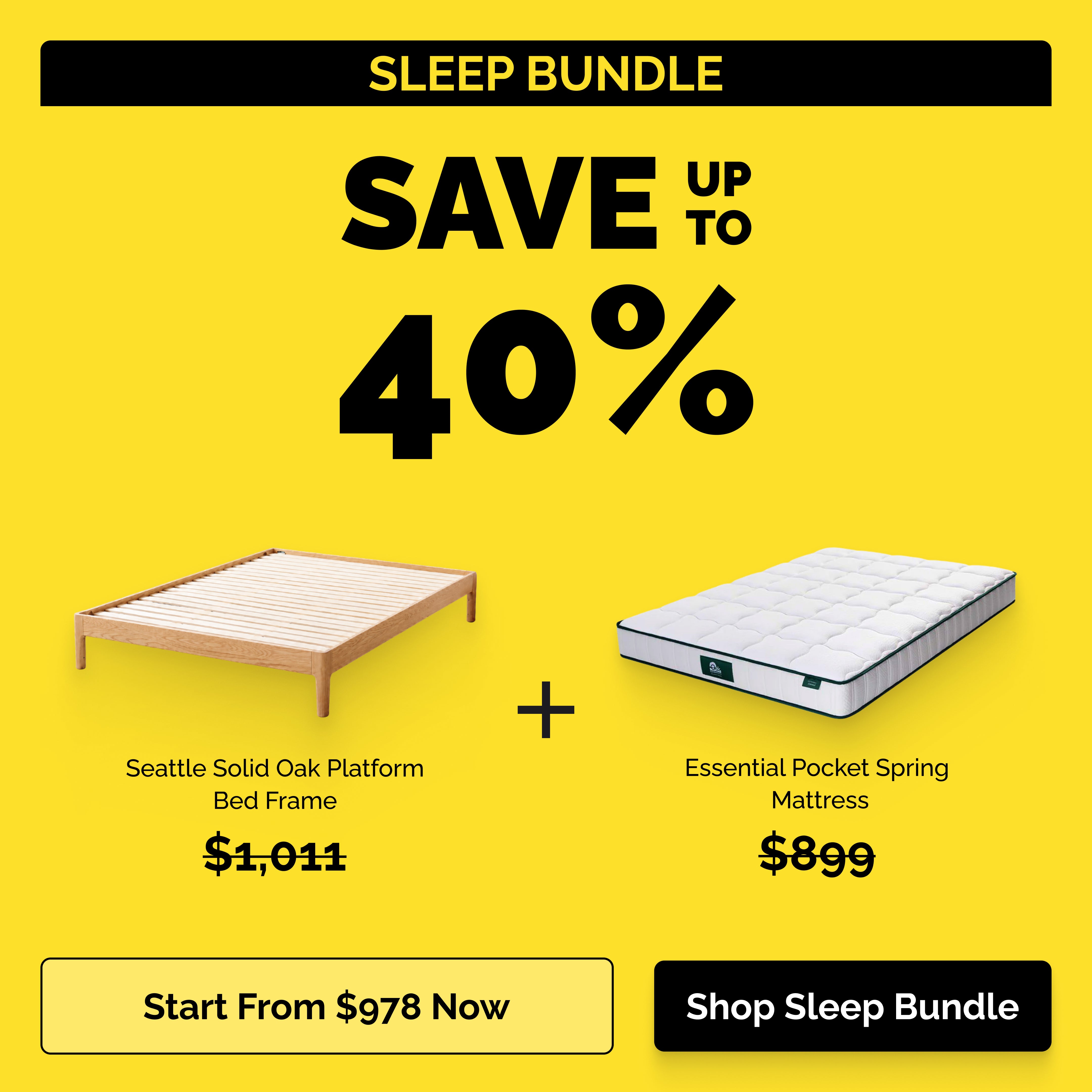 Oak Furniture Store sleep bundle sale featuring a solid oak platform bed frame and essential pocket spring mattress with save up to 40 percent offer