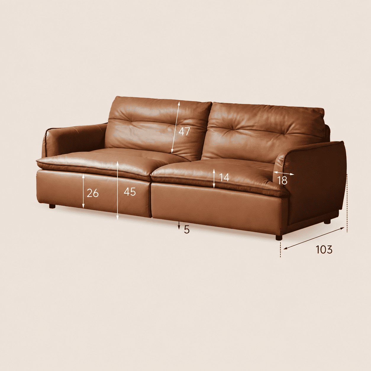 Tacoma genuine leather sofa front dimension guide showing cushion height and armrest thickness