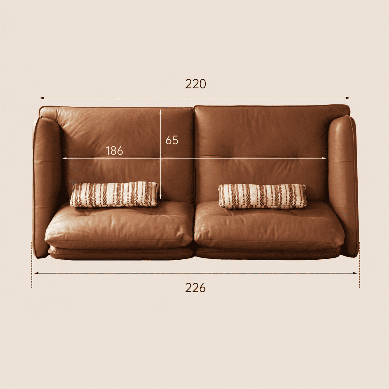 Tacoma leather sofa top dimension guide showing 226 cm overall width and 186 cm seating width