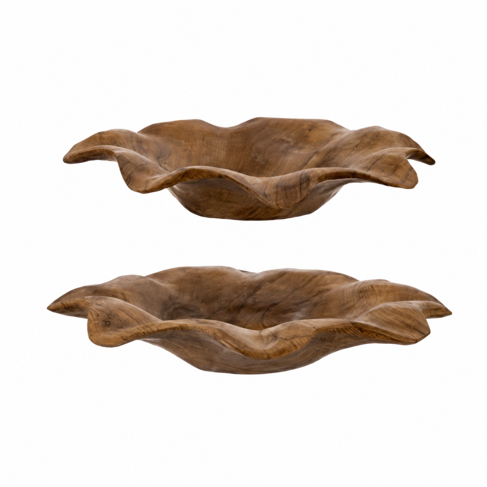 Set of two carved teak wood platters with wavy petal-shaped rims