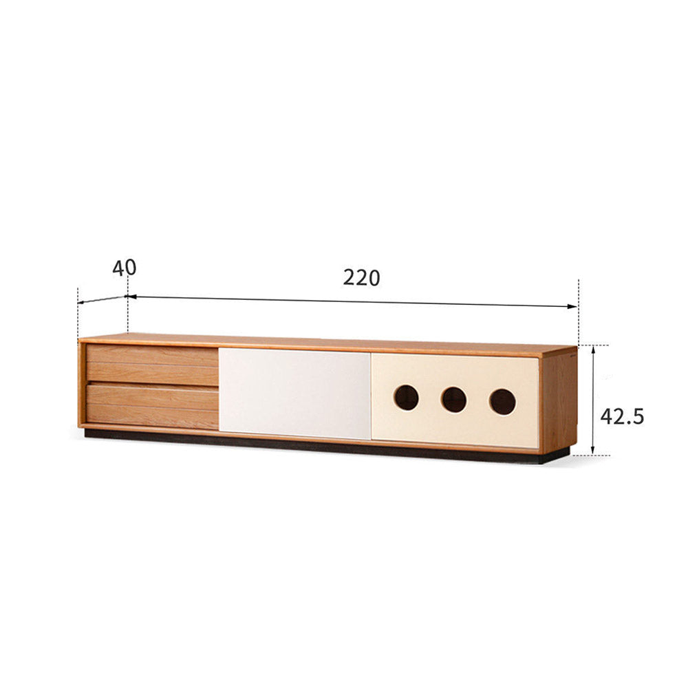 Tonnac solid cherry entertainment unit with drawers, glass shelving and modern retro design in a Kiwi living room