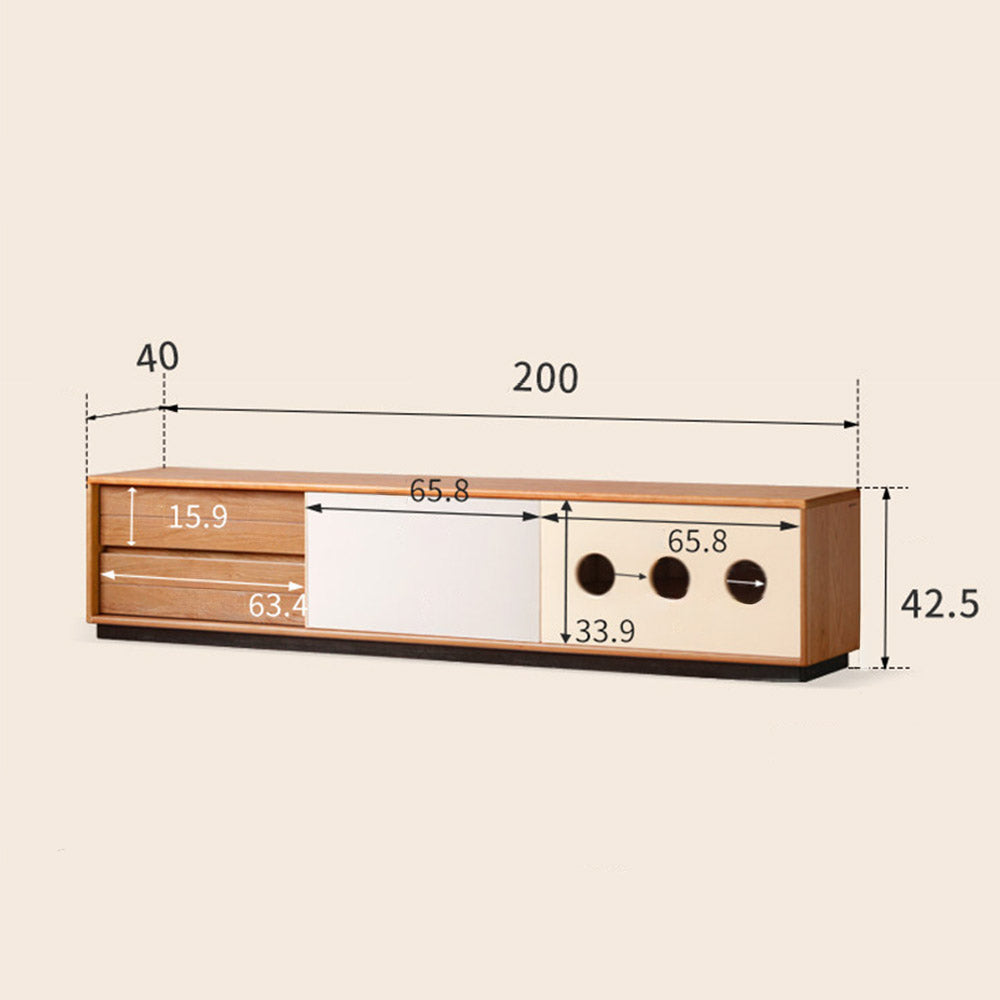 Tonnac solid cherry entertainment unit with drawers, glass shelving and modern retro design in a Kiwi living room