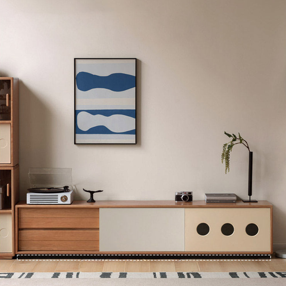 Tonnac solid cherry entertainment unit with drawers, glass shelving and modern retro design in a Kiwi living room