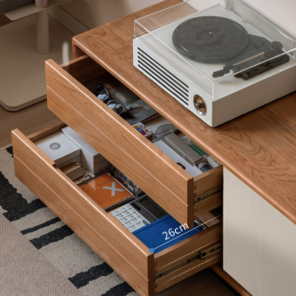 Tonnac solid cherry entertainment unit with drawers, glass shelving and modern retro design in a Kiwi living room