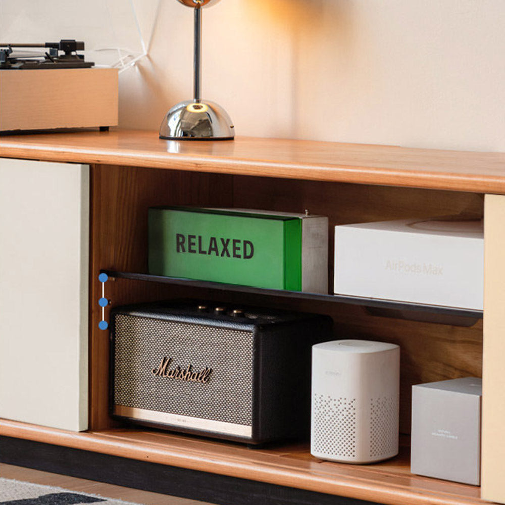 Tonnac solid cherry entertainment unit with drawers, glass shelving and modern retro design in a Kiwi living room
