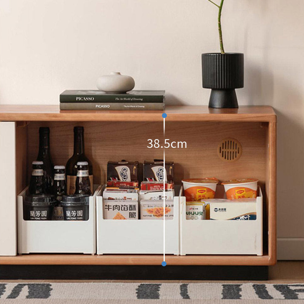 Tonnac solid cherry entertainment unit with drawers, glass shelving and modern retro design in a Kiwi living room